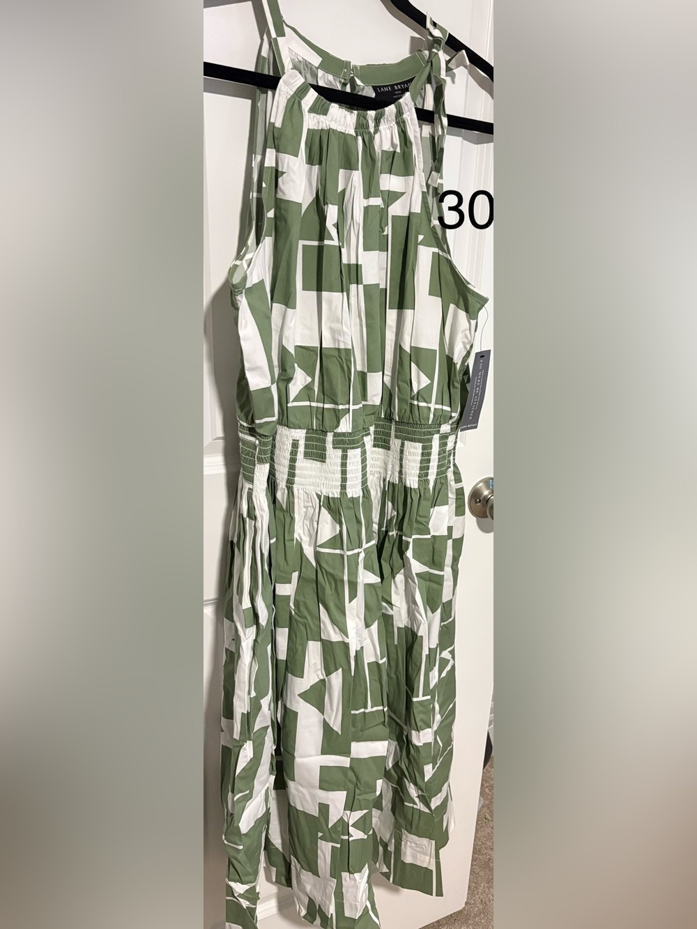 Lane Bryant Olive Green & White Geometric Smocked Dress